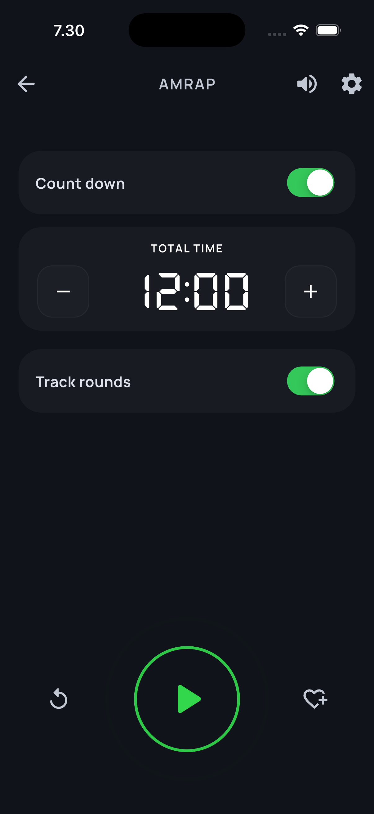 Aika AMRAP timer setup with a 12:00 duration, countdown enabled, and round tracking on