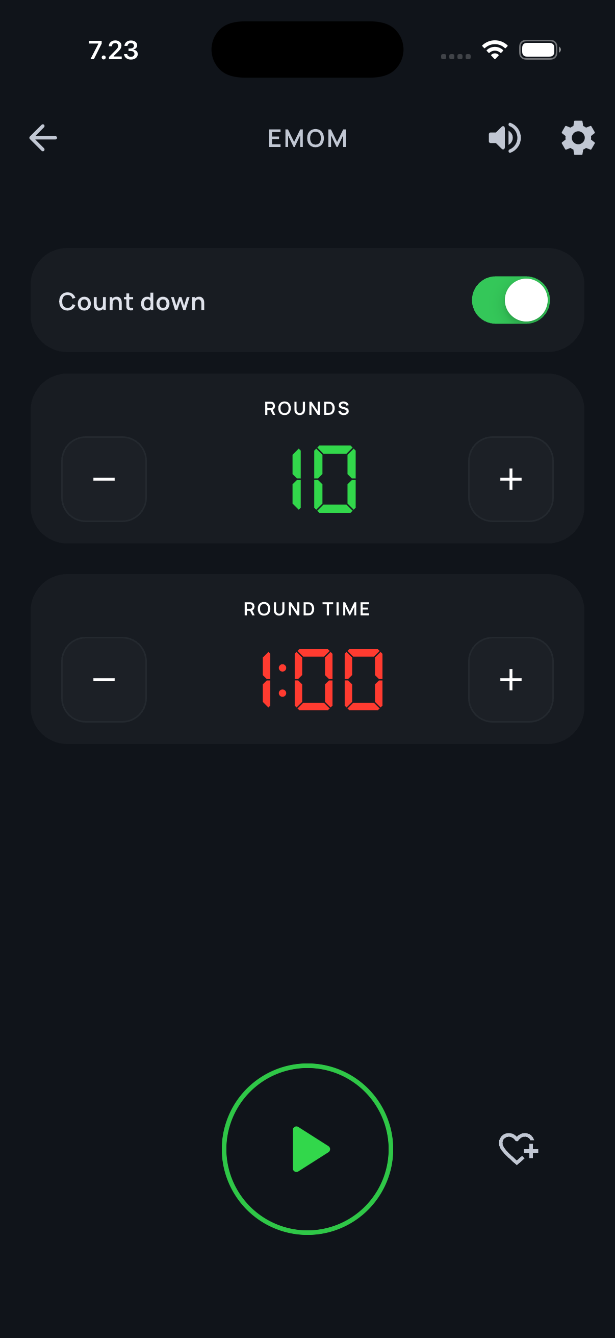 Aika EMOM timer setup with countdown enabled, 10 rounds, and a 1:00 round time