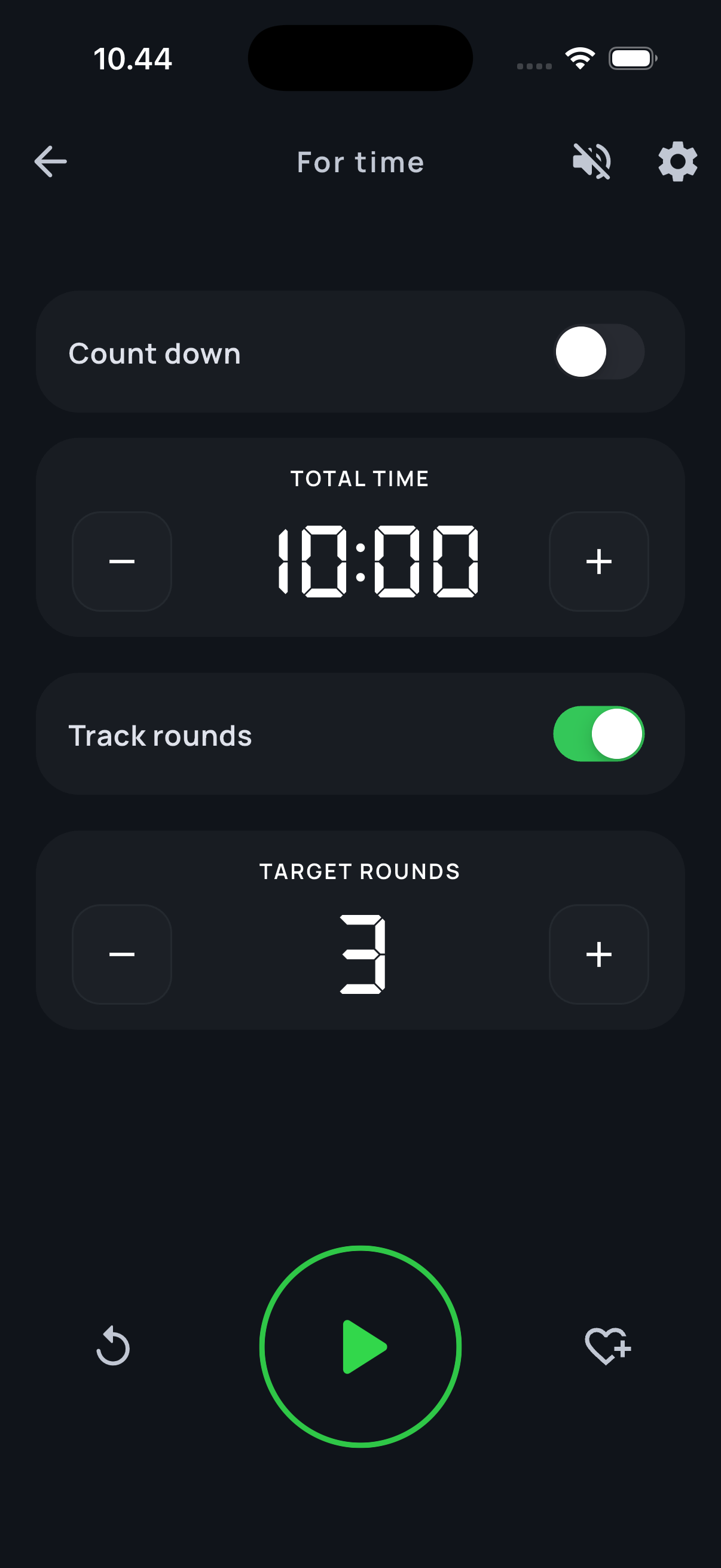 Aika For Time setup with countdown off, a 10-minute time limit, round tracking on, and 3 target rounds