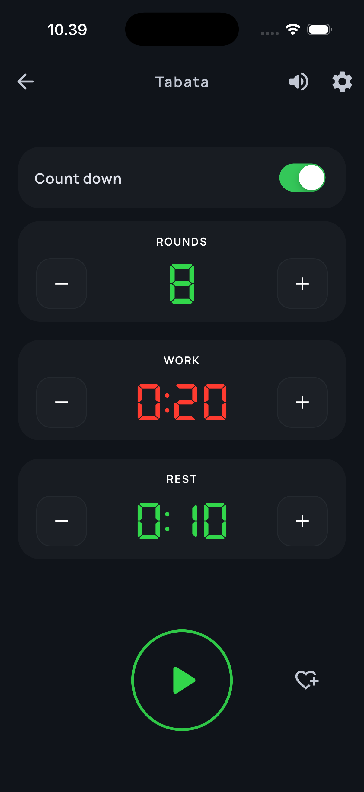 Aika Tabata timer setup with 8 rounds, 20 seconds of work, and 10 seconds of rest