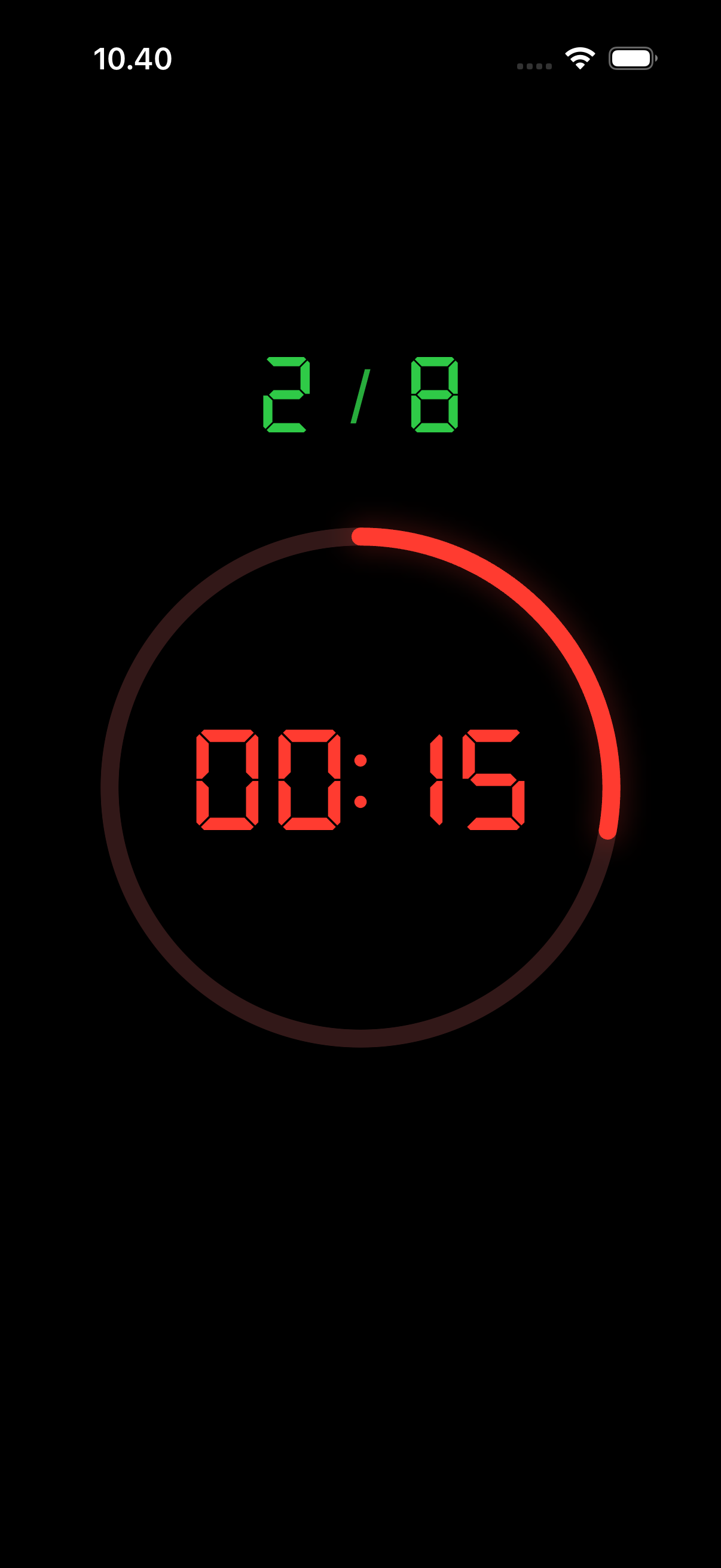 Aika Tabata workout timer showing round 2 of 8 with 15 seconds remaining in the work interval