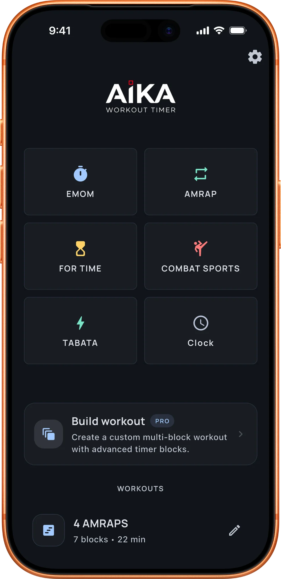 Aika home screen with quick access to saved workout timers