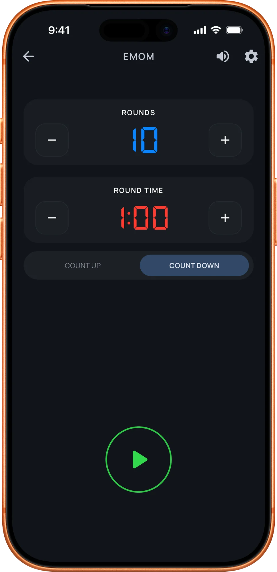 Aika EMOM editor showing rounds and time settings