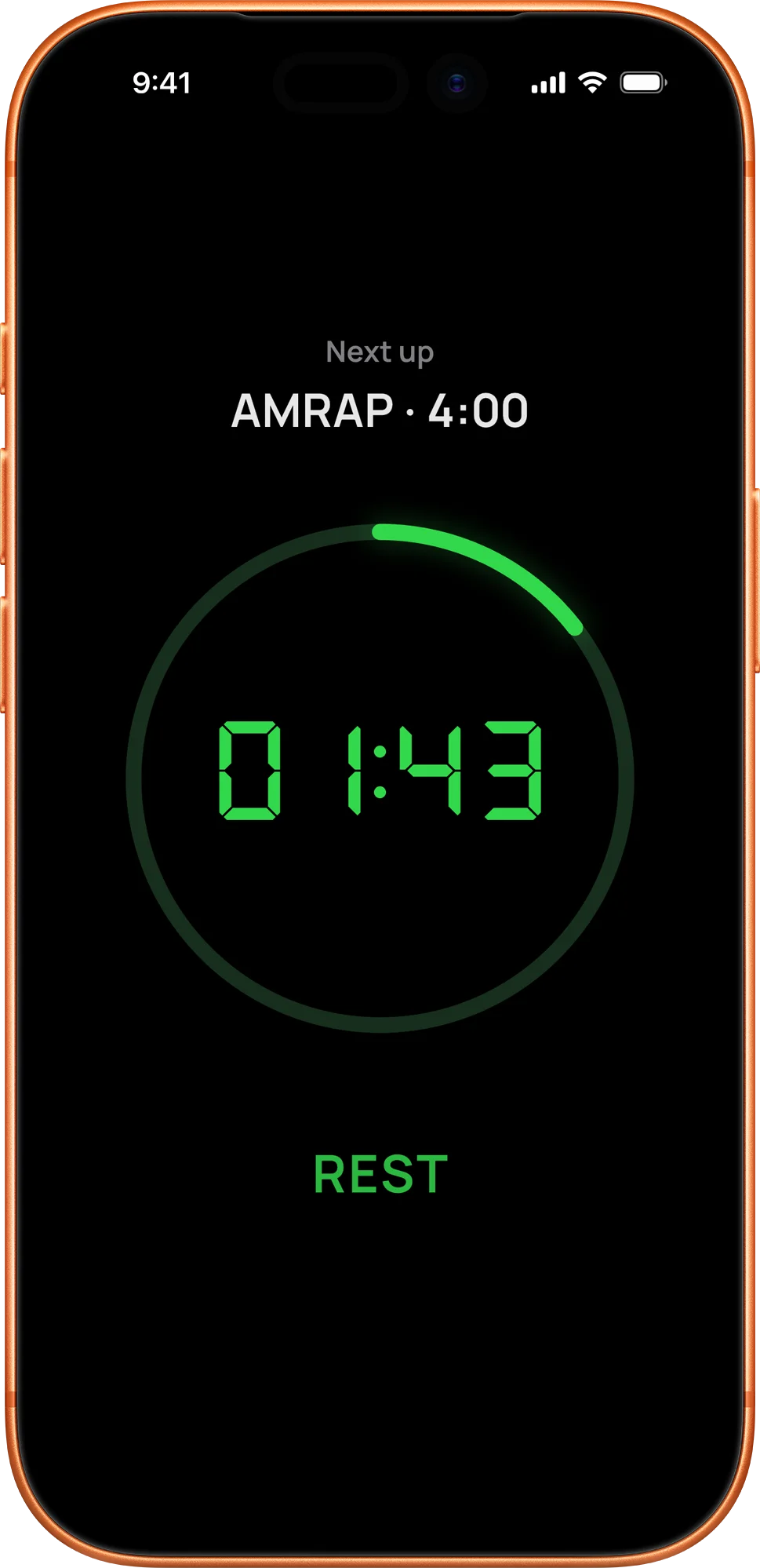 Aika rest screen showing the next workout step